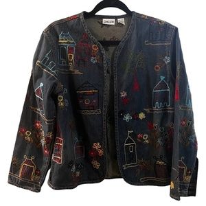 Chicos collarless embroidered denim jacket